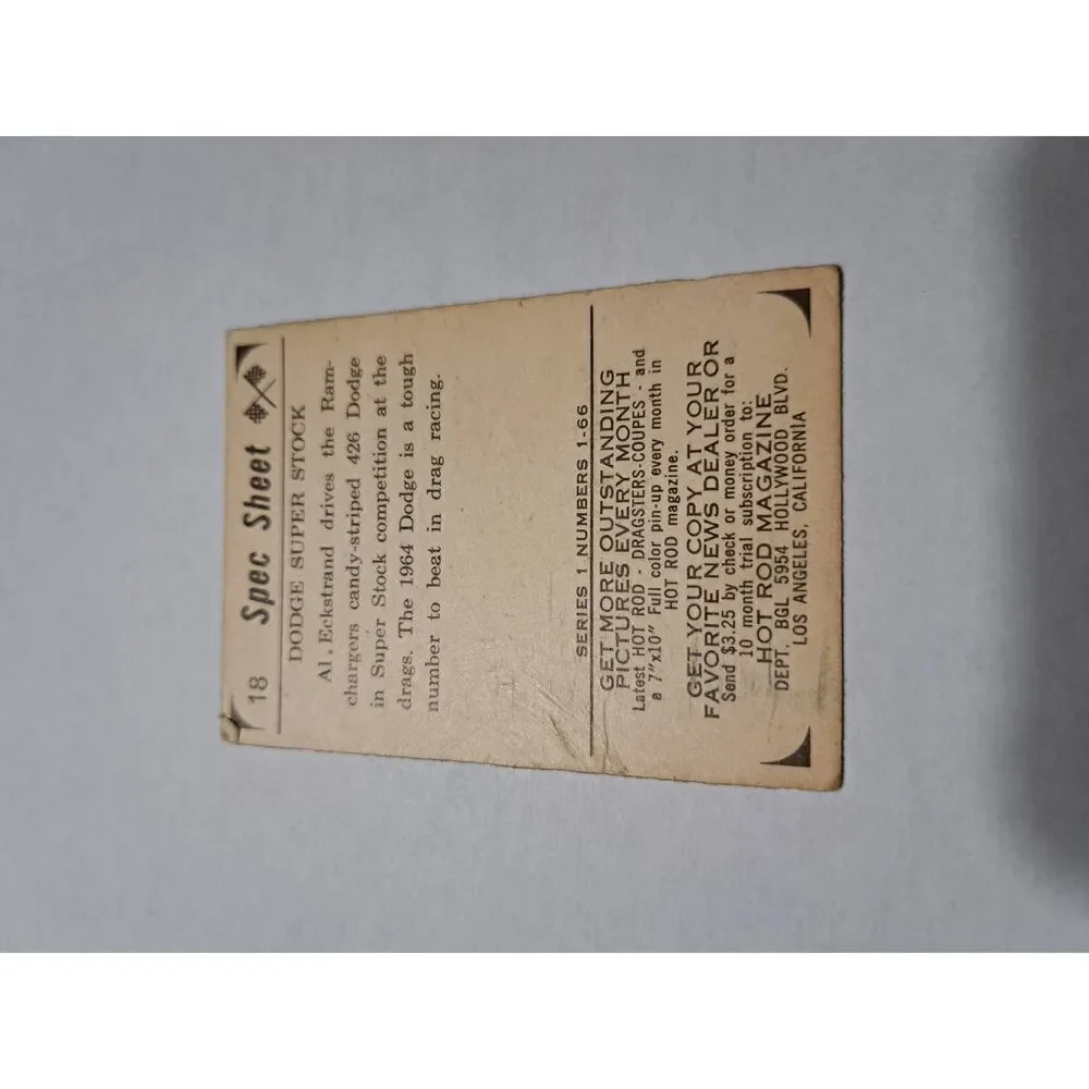 Vintage 1965 Hot Rod Magazine #18 Spec Sheet Dodge Super Stock Trading Card